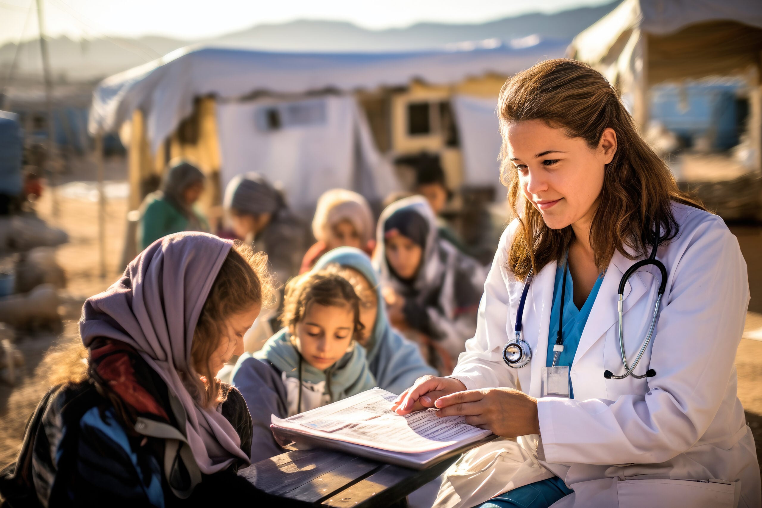 Woman doctor in a white coat assists young refugee children outdoors near a tented area. Concept of medical volunteers providing essential healthcare to Arabian refugee communities in crisis settings